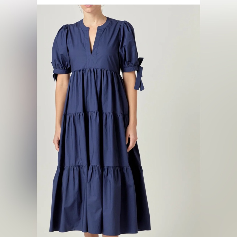 English Factory Elegant Navy Blue Tiered Dress